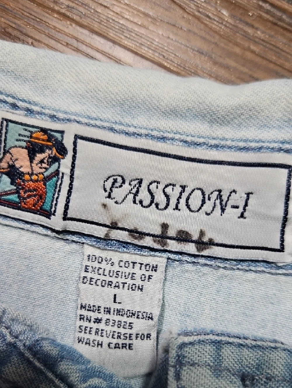 Vintage Light Wash Denim Button-Down Shirt with Cardinal Embroidery, Size Large - Picture 2 of 13